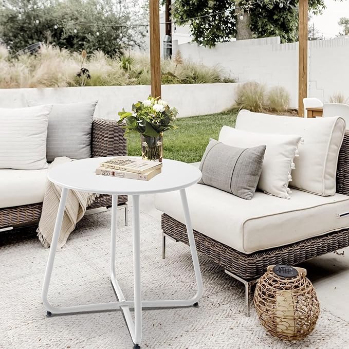 Outdoor Table Small Patio Side Table Waterproof Round Metal Side Table Weather Resistant Portable Outdoor and Indoor End Table for Garden, Balcony, Yard (White)