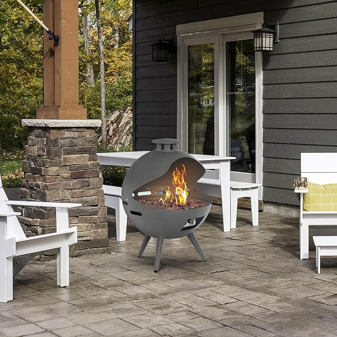 24-Inch Chimenea Outdoor Gas Fireplace, 55,000 BTU Propane Fire Pit with Lava Rocks and Rain Cover, Hemispherical 3-Legged Firepit, Gray