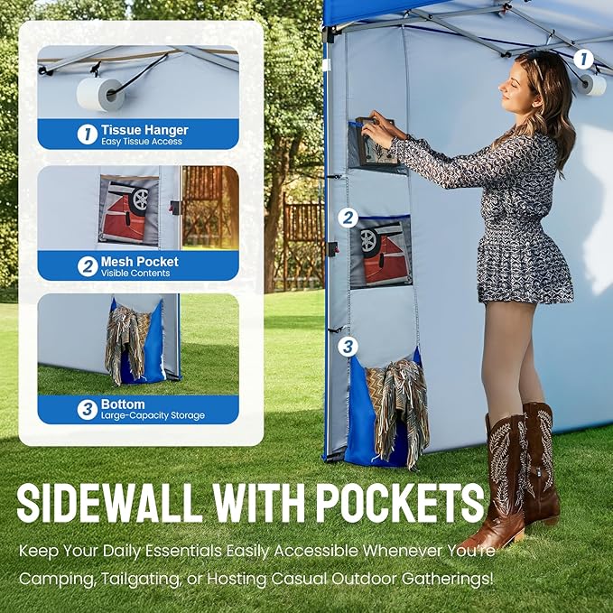 CROWN SHADES Canopy Tent, 10 x 10 Foot Portable Pop Up Outdoor Shelter with Pocket Sidewall, Push Center Lock, UV Protection, and Carry Bag, Blue