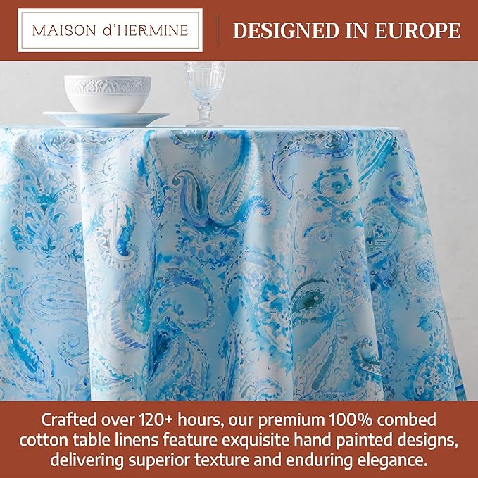 Maison d'Hermine Premium Table Cloth Round Table 100% Cotton 70 Inches Tablecloth Reusable Decorative Everyday Use for Dining Room, Farmhouse, Home, Party, Festive & Wedding - Paisley Blues