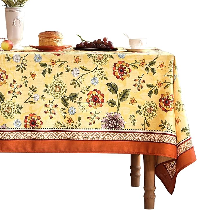 Vintage Linen Small Tablecloth for Rectangle Table,Yellow Floral French Wrinkle Free Tablecloths,Decorative Table Cover for Kitchen,Dining,Thanksgiving,Farmhouse,55" × 71"-Bellano