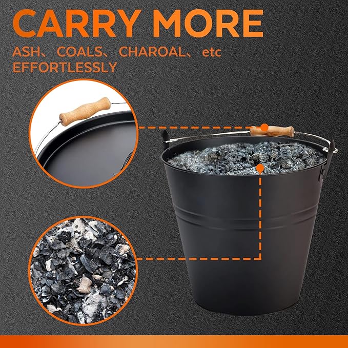 3.5 Gallon Ash Bucket with Lid and Shovel, Metal Fireplace Ash Bucket with Broom, Complete Fireplace Tools Set for Wood Stove and Fireplace