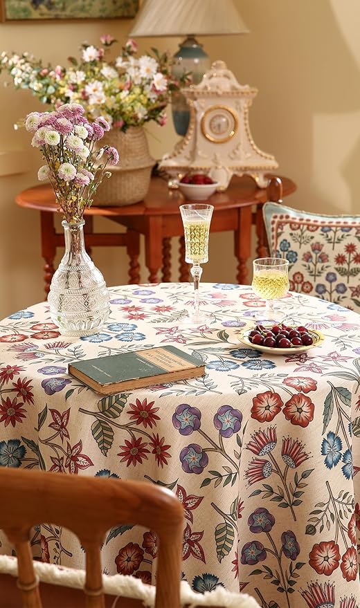 French Linen Round Tablecloth,Vintage Colorful Multiple Prints Soft and Durable Tablecloths,Decorative Table Cover for Kitchen,Dining,Party,Thanksgiving,Christmas,Diameter 67"-Lohi