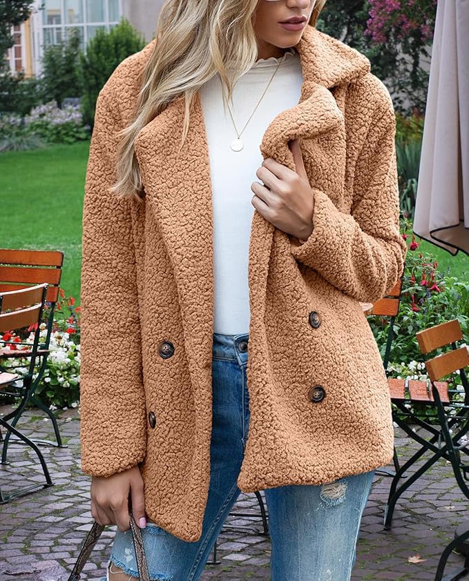 Women's Winter Warm Plush Cardigan Fuzzy Fleece Lapel Jacket with Buttons Pockets Long Sleeve Casual Outerwear