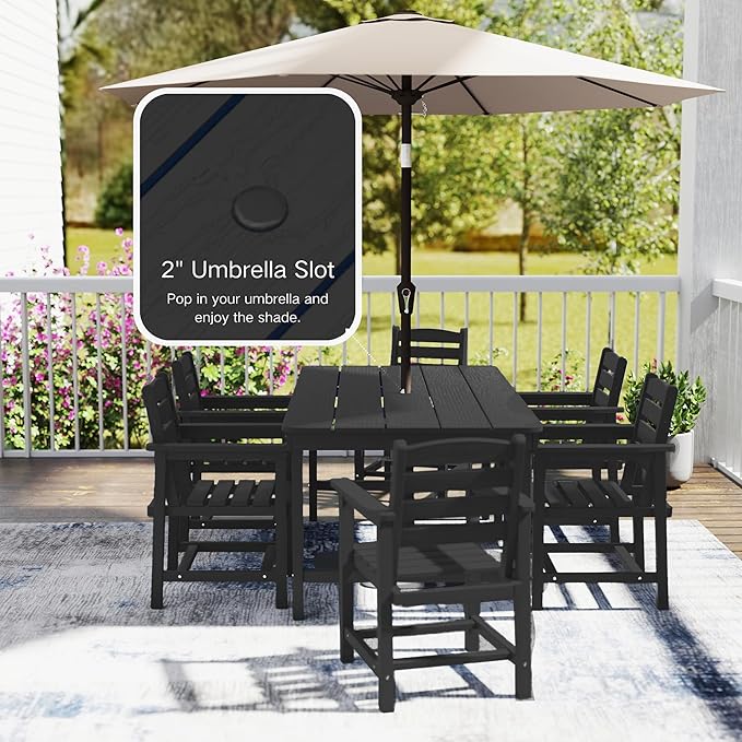 7 Piece Patio Dining Set with 11ft Patio Umbrella (Black), 7 Black Outdoor HDPE Dining Set with 6 Chairs + 1 Large Table with 2" Umbrella Hole, for Market, Pool, Garden, Backyard, Deck