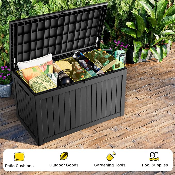 280 Gallon Waterproof Outdoor Storage Box, UV Resistant Resin Deck Box with Hydraulic Rod for Reinforced Stability, Perfect for Patio, Garden, and Pool, Striped Black