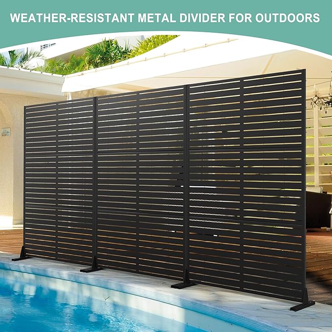 Metal Privacy Screen for Outdoor & Indoor Use, Free Standing Privacy Screen for Patio Garden Pool, 72" H x 47" W Decoative Privacy Panels, Weather Resistant, Easy Assembly (Black Louvered)