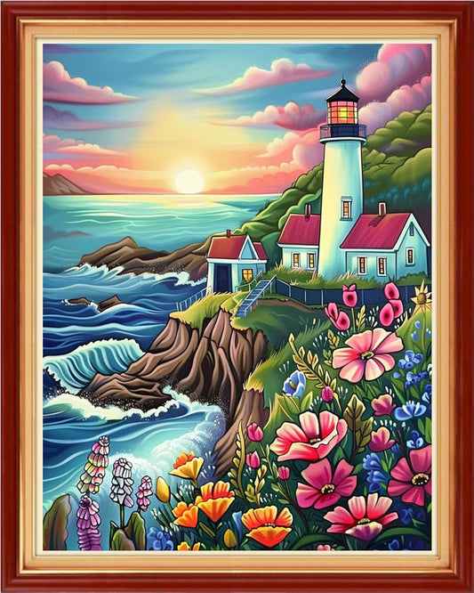Funchey Stamped Cross Stitch Kits, DIY Cross Stitch Pattern for Adults Beginners Needlepoint Kits Embroidery Kit Arts and Crafts 11CT-Sunrise Seaside Lighthouse 16x20 inchs