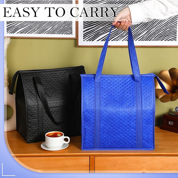 10 Pack Large Insulated Grocery Bags Reusable Shopping Bags with Zippered Top 13 x 12 x 7 Inch Thermal Cooler Totes Bulk with Handles for Hot Cold Food Delivery Refrigerator(Blue and Black)