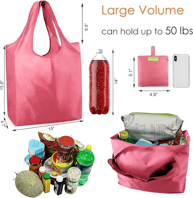 BeeGreen Pink Reusable Grocery Bags with Elastic Band Pink Reusable Shopping Bags Bulk 50LBS X-Large Foldable-Machine Washable-Heavy Duty 10 Pieces
