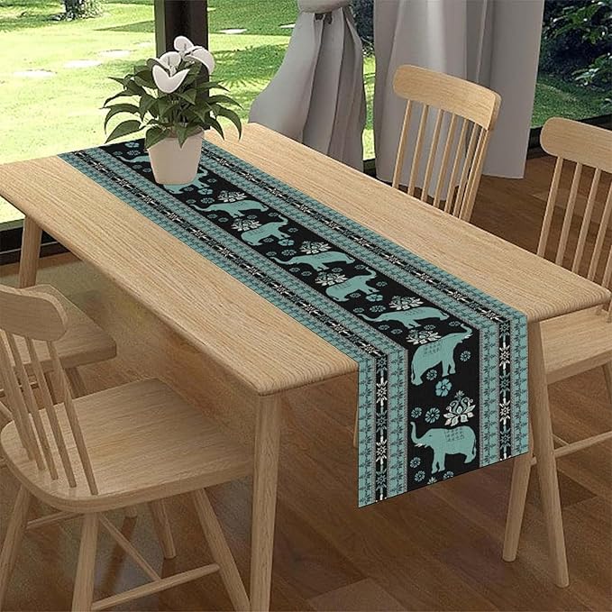 African Tribal Table Runner, Boho Elephants Tribal Traditional Indian Diwali Animal Blue Ethnic Rustic Coffee Table Center Decor for Home Kitchen Holiday Party Outdoor Table Decorations, 13"x90"