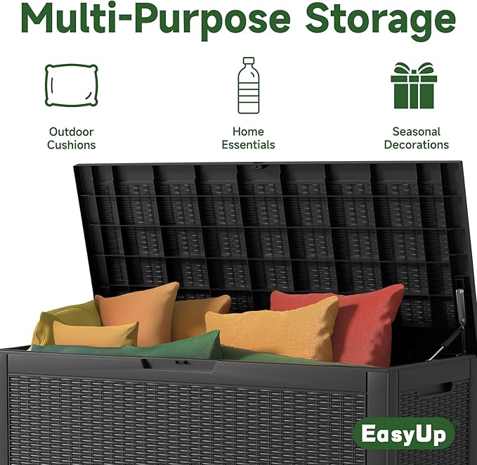 EasyUp 120 Gallon Outdoor Storage Box Waterproof, UV Resistant Resin Deck Box with Hydraulic Rod, Reinforced Stability for Patio, Garden, Rattan Black