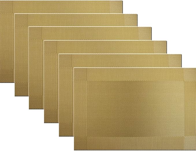 Placemats Vinyl Twill Weave Heat-Resistant Table Mats Washable Kitchen Placemats for Dinig Table Set of 6 (Gold)