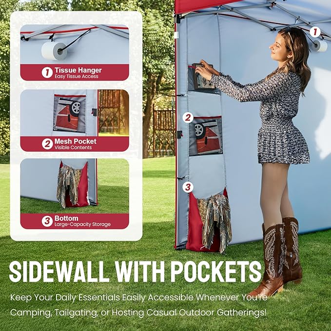 CROWN SHADES Canopy Tent 10x10 Pop Up Canopy Outdoor Shade with Pockets Sidewall, Easy Up Sun Shelter with One Person Set Up Center Lock, Portable Instant Camping Beach Canopy Tents, Red