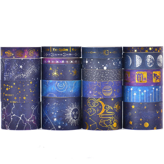 20 Rolls Galaxy Washi Tape Set Stars Arts Adhesive Tapes Gold Silver Foil Decorative Masking Tape Sets for Craft, Kids, Scrapbook, DIY, Gift Wrapping