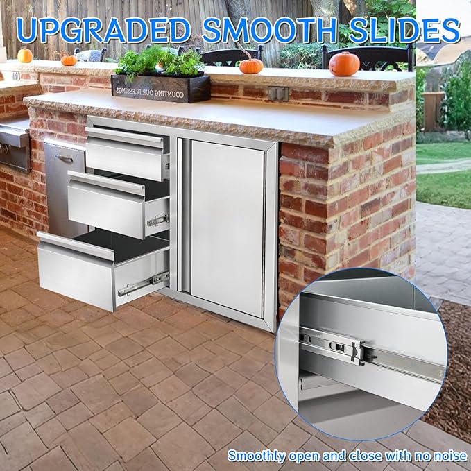 Outdoor Kitchen Drawer Combo, Stainless Steel Triple Drawers with Access Door, 28" W x 22" H x 19.5" D Outdoor Kitchen Cabinet for BBQ Island Grill Stations