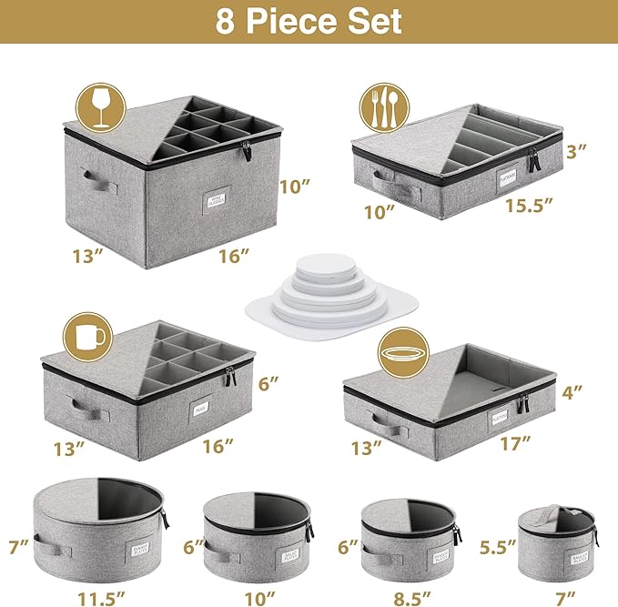 8pcs Hard Shell China Dinnerware Storage Containers with Lid - Heavy Duty Mug, Wine Glass, Platter, Silverware and Plate Storage Box