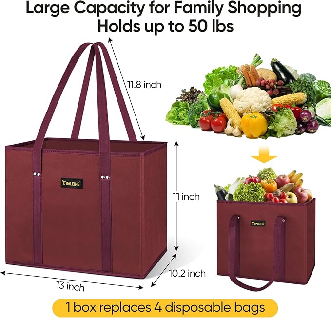 BALEINE 3Pk Reusable Grocery Bags, Foldable Shopping Bags for Groceries with Reinforced Bottom & Handles (Red)