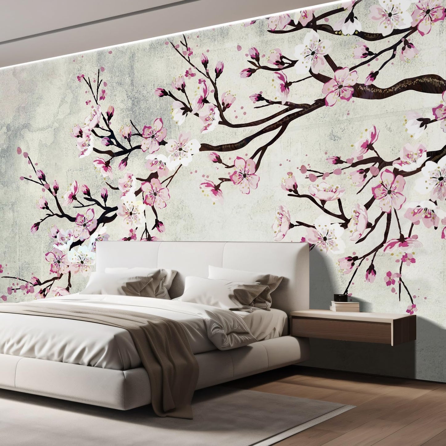 wall26 Large Wall Mural Watercolor Style Ink Painting Pink Cherry Blossom on Vintage Wall Background | Self- 132x192 inchesAdhesive Vinyl Wallpaper/Removable Modern Wall Decor - 132x192 inches