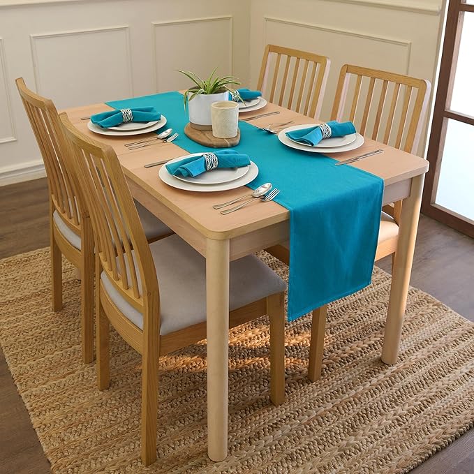Encasa XO Table Runner 13"x91" Long | Cotton Canvas Fabric | Azul Blue Solid Color | Machine Washable & Durable