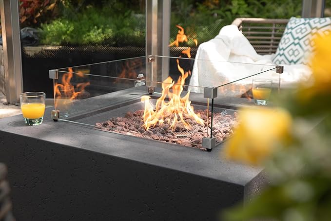 AMS Fireplace | Rectangular Fire Pit Glass Wind Guard for Brooklyn Fire Pit (Light Gray) | Shielded from Patio Heater Flames | Tempered Glass with Polished Edges for Safety | Fire Table Glass Shield
