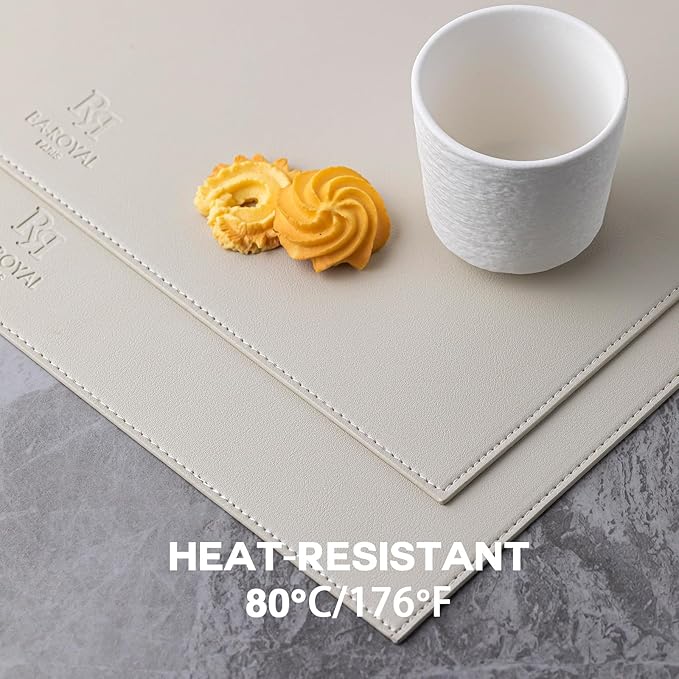 Faux Leather Placemats Set of 6 Vinyl Washable Wipeable Table Mats for Kitchen Dining Table Heat Resistant Waterproof Modern Indoor/Outdoor Placemats Non-Slip Easy Clean Place Mats-Cream White