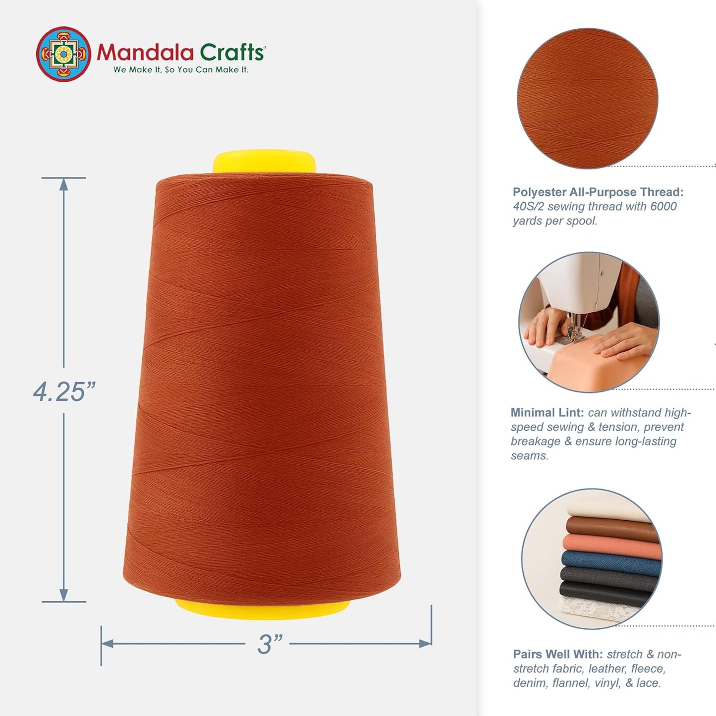 Mandala Crafts 4 Pack of Serger Threads Cones Spools - 40S/2 24000 Yards Polyester Terracotta Threads for Sergers Machine and Overlock Quilting Sewing Machine