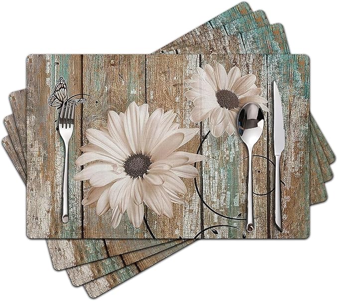 White Sunflower Placemats set of 4 - Floral Faux Leather Heat Resistant Placemats for Dinner Table, Non-Slip Waterproof Oil-Proof Washable Reusable Placemat for Indoor Outdoor Kitchen, 15.75In*11.81In