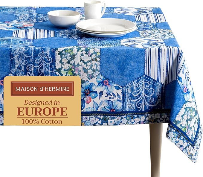Maison d' Hermine Table Cloth Rectangle Table 100% Cotton 60 x 120 Inches Tablecloth Reusable Decorative for Dining Room, Farmhouse, Home, Party, Festive & Wedding Spring Summer - Summer Blues