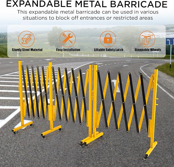 TECSPACE Industrial Expandable Metal Barricade, Expansion Size 8.2 FT, Yellow and Black, Durable Steel Safety Barricade with casters, Flexible Mobile Barrier Gate, Adjustable Traffic Fence