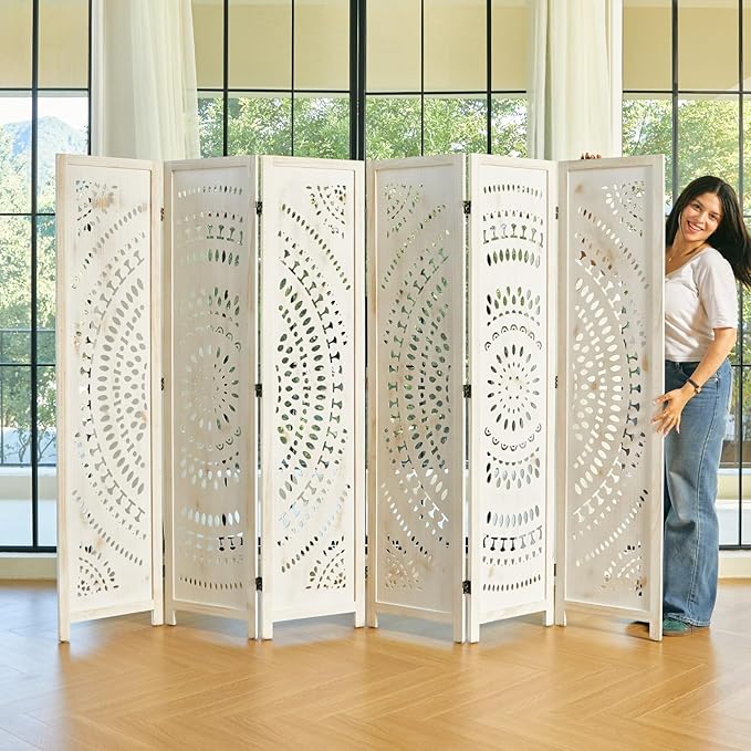 Room Divider Wood Carved Wall Divider Indoor Folding Bohemian Style Portable Partition Screen for Home Office Garden Terrace - 6 Panels (Antique, White-Washed)