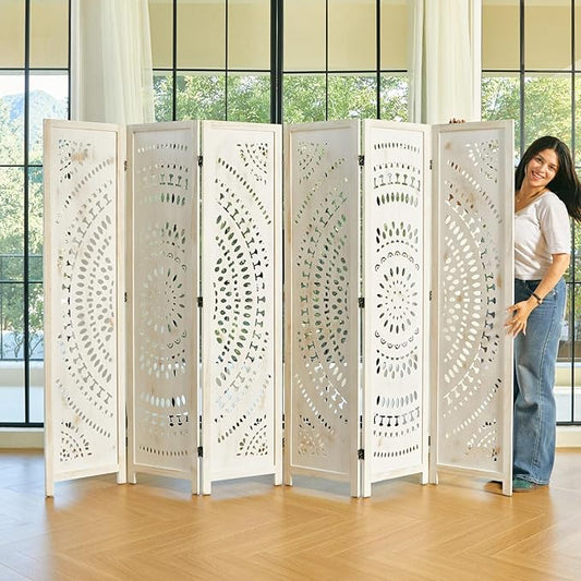 Room Divider Wood Carved Wall Divider Indoor Folding Bohemian Style Portable Partition Screen for Home Office Garden Terrace - 6 Panels (Antique, White-Washed)