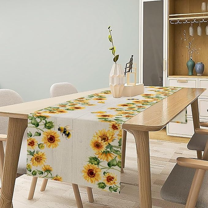 Sunflower Table Runner, Yellow Floral Flower Butterfly Country Rustic Table Runner for Outdoor Home Party Kitchen Dining Holiday 13x36in