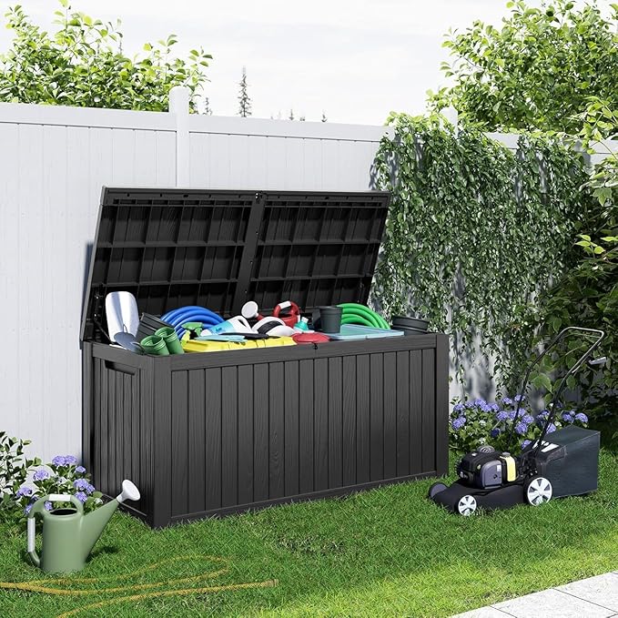 200 Gallon Large Deck Box,Resin Outdoor Storage Box with Lockable for Patio Furniture, Pool Accessories, Garden Tools Waterproof Outside Storage Box, Black