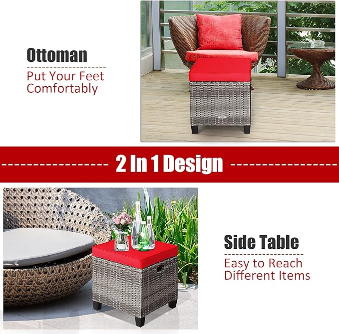 Tangkula 2 Pieces Patio Rattan Ottomans, Outdoor Wicker Footstool Footrest Seat with Soft Cushions and Steel Frame, All-Weather Patio Ottoman Set for Backyard Garden Poolside