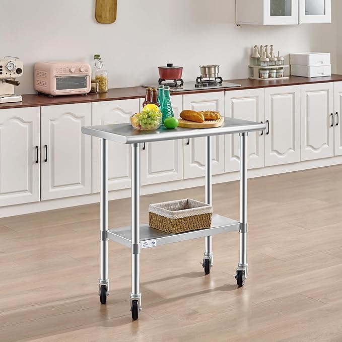 ROCKPOINT Stainless Steel Table for Prep & Work with Caster Wheels 18x36 Inches, NSF Metal Commercial Kitchen Heavy Duty Table with Adjustable Under Shelf and Table Foot for Restaurant, Home and Hotel