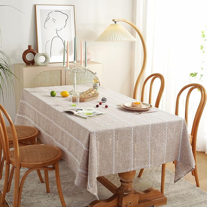 Chassic 60 x 60 inches Farmhouse Style Linen tablecloths, Wrinkle Resistant Washable Dining Room Table Cloths for Square Tables - Hemstitch Light Coffee