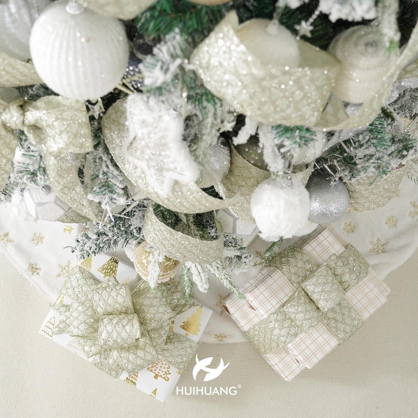 HUIHUANG Champagne Wired Ribbon 4 inch Glitter Christmas Tree Ribbon Diamond Mesh Wire Ribbon for X-mas Tree Decorations, Wreaths, Garland, Large Bows Making, Wedding Decor -10 Yards