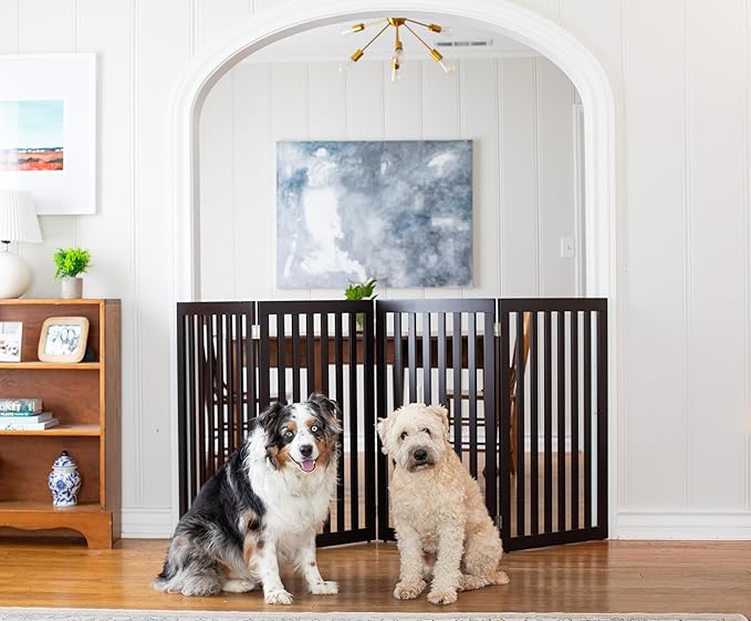 INTERNET'S BEST Dog Gate Indoor Freestanding Pet Barrier, Folding Wood Dog Fence, Extra Wide Doorway Puppy Gate, Indoor Animal Privacy Panel, Wooden Cat Fence - 4 Panel - 36", Espresso