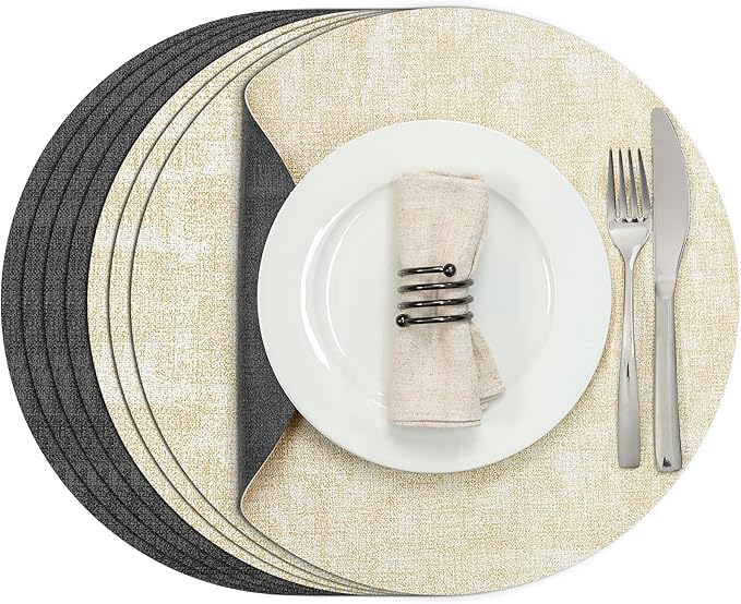 Myir JUN Round Placemats Dual Sided, Faux Leather Place Mats Set of 4 Indoor Placemats for Dining Table Outdoor Placemats Non-Slip Washable Table Mats (Set of 8, Gray Cream)