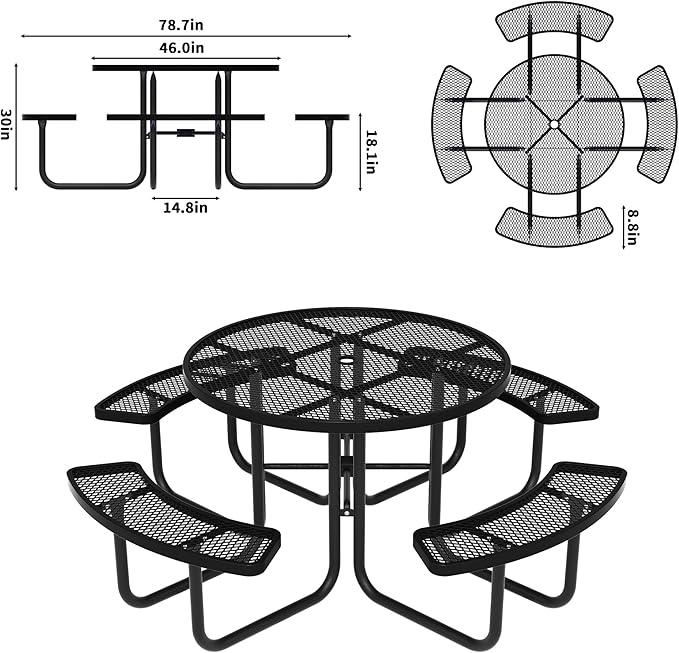 46'' Round Metal Picnic Table for Outdoors, Commercial Steel Metal Picnic Tables, Heavy Duty Sturdy Picnic Tables Furniture Set for Patio Garden Courtyard BBQ, with Umbrella Hole