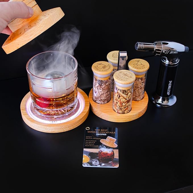 Cocktail Smoker Kit with Bar Stand Smoky Pro with Torch and Selected Wood Chips. All You Need in 1 Set to Smoke Your Whiskey, Bourbon, Scotch, Old Fashioned. A Great Home bar ChristmasGift