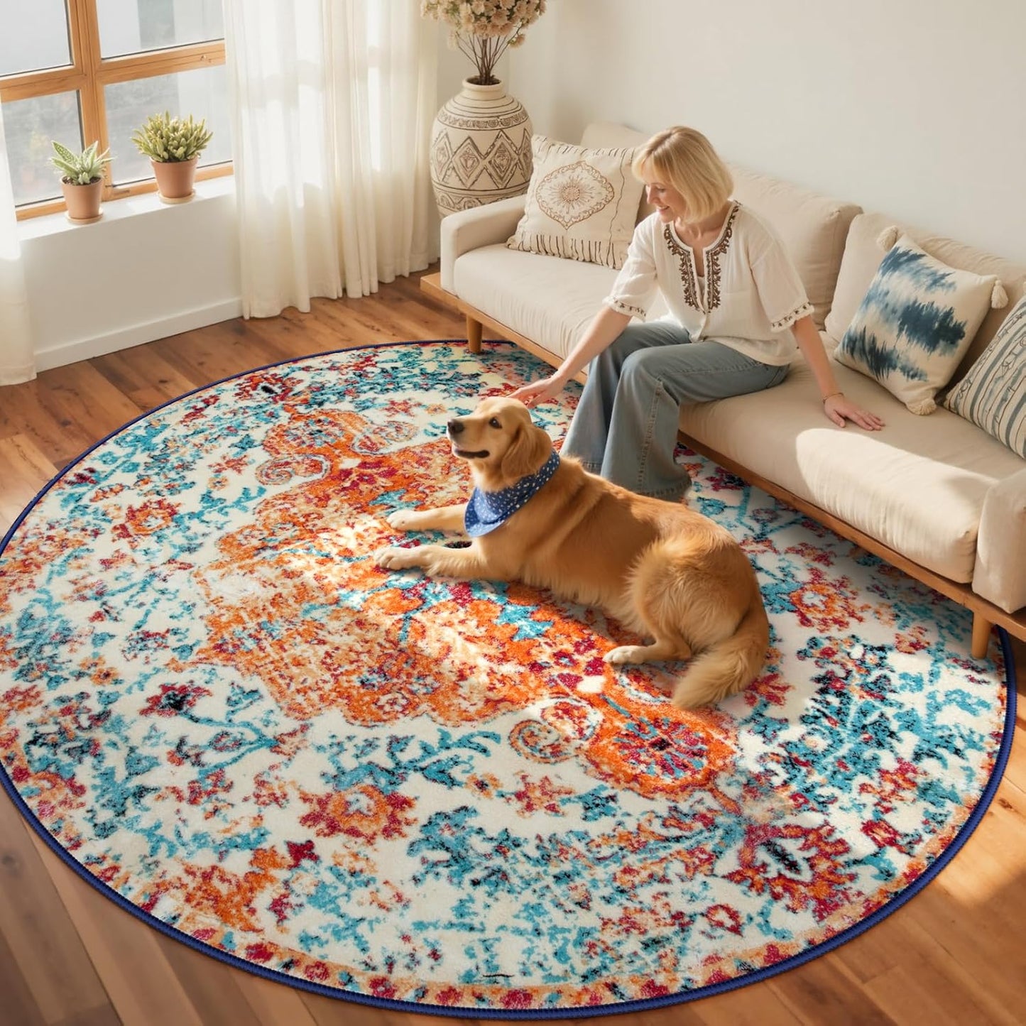 Lahome Bohemian Floral Medallion Round Rug - 6Ft Soft Rug for Living Room Washable Rug for Dining Room, Vintage Faux Wool Non Slip Cute Table Throw Carpet for Coffee Table Nursery Guest Room