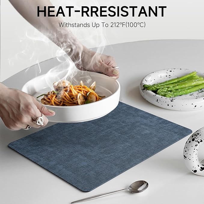 Faux Leather Vinyl Placemats Set of 4 Wipeable Heat Resistant Place Mats 100% Washable - Waterproof - Anti Slip Reversible Table Mats for Kitchen/Dining/Party, 12" x 16.5", Navy Blue & Dark Grey