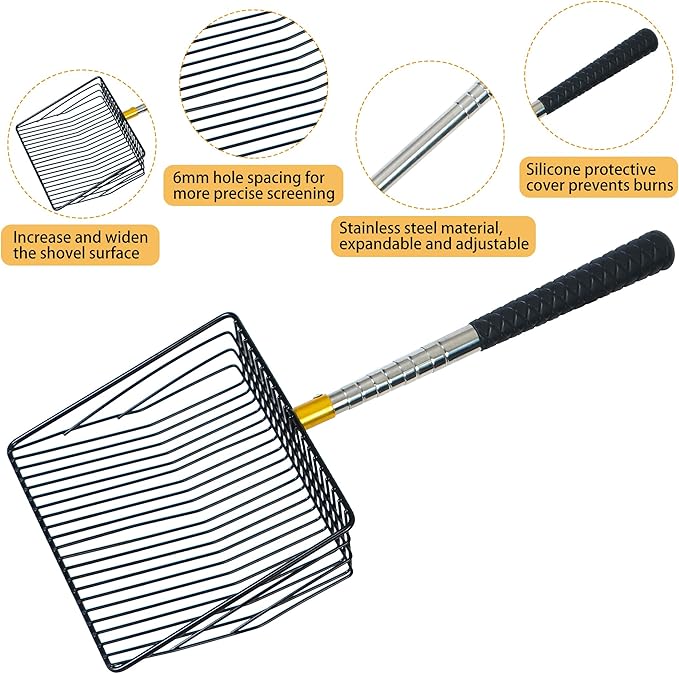 Hollow Out Fireplace Shovel Black Metal Coal Shovel Fireplace Ash Sifter Scalable Stainless Steel Handle with Silicone Protector to Prevent Burns, Fireplace Tools for Woodstove to Separate Coals