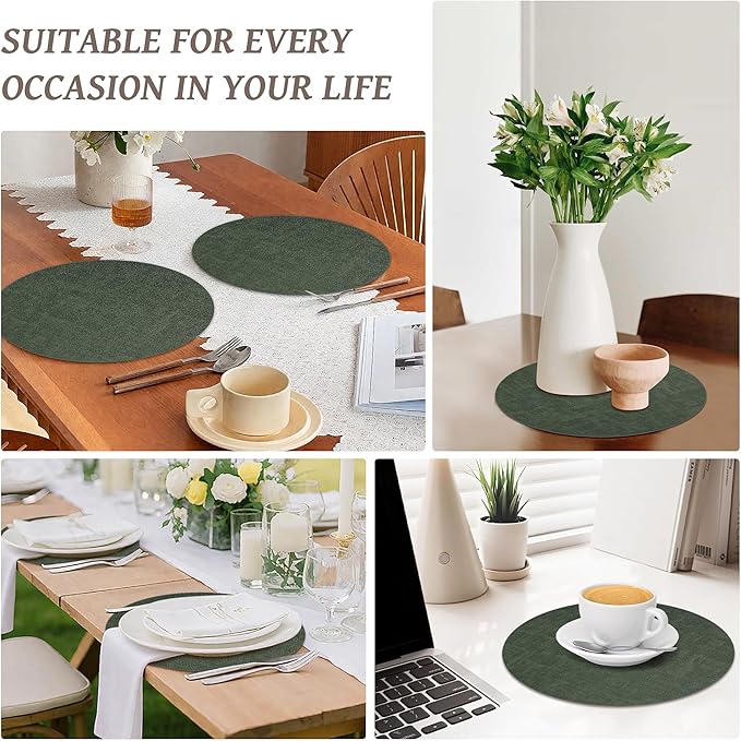 13" Round Placemats Set of 6, Reversible Faux Leather Heat Resistant Table Mats, Waterproof Oilproof Wipeable Table Protective Placemats for Vinyl, Washable for Indoor & Outdoor Use (6, Dark Green)