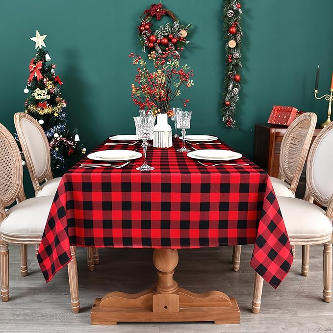 Classic Gingham Buffalo Xmas Tablecloth Fabric - Oblong 58x144 Inch Water Proof Checkered Table Cloth for Indoor Outdoor - Red Christmas Plaid Table Cover for Christmas, Holiday, New Year