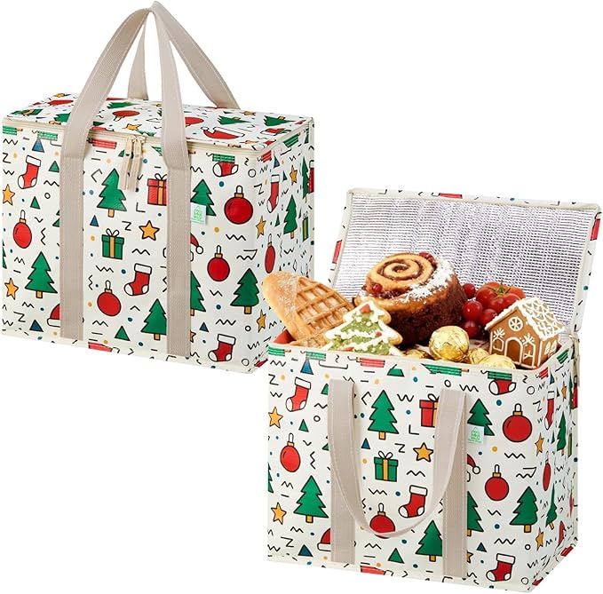 VENO 2 Pack Cooler Bag, Insulated Grocery Bags for Food Delivery, Collapsible Cooler, Reusable Shopping Bags for Groceries, Hard Bottom, Zippered, Foldable, Christmas Pattern (Jingle Mix, 2 Pack)