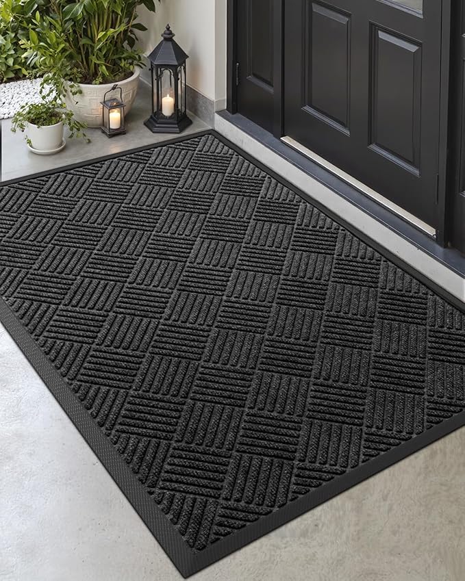 DEXI Front Door Mat Outside Entrance, 3x5 ft Rubber Entry Doormat Heavy Duty, Welcome Mats Non Slip for Inside House Floor Entryway Back Doors Exterior Patio, Diamond Black