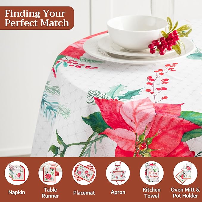 Maison d' Hermine Table Cloth Round Table 100% Cotton 63 Inches Fall Tablecloth Reusable Everyday Use for Thanksgiving Christmas Decorations Dining Farmhouse Party (Poinsettia Christmas)